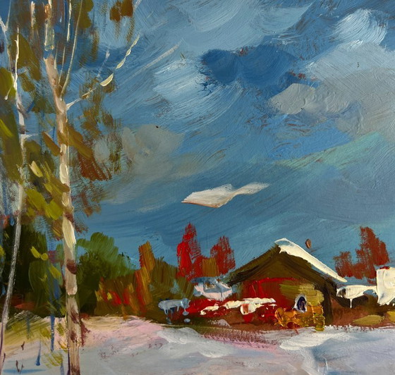 Image 1 of Original Oil Painting Snow Village Landscape Winter path leading home