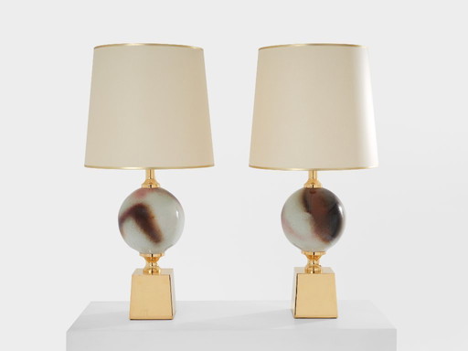 Philippe Barbier pair of large ceramic and brass table lamps 1970s