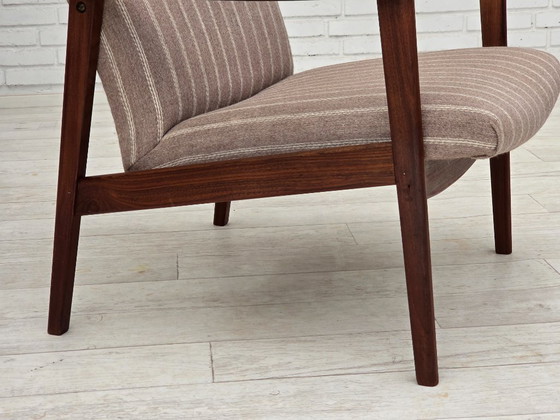 Image 1 of Poltrona danese con schienale alto, anni '70, lana per mobili, legno di teak, originale.