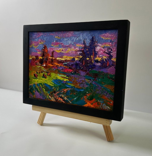 Original Oil Painting Colorful Sky Landscape Summer Blue Night