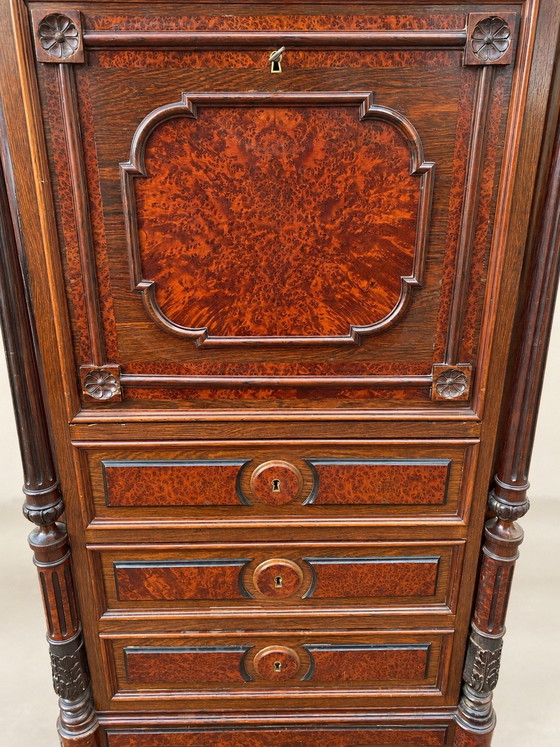 Secretaire con ribalta Napoleone III del XIX secolo in noce e acero, Cassettiere, Legno, Marrone (foto 4 di 11)