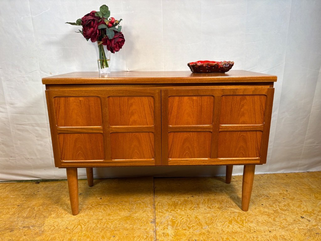 Mid-Century Retro Vintage Teak Sideboard by Nathan 1960s Square Design • Two Doors • British Design Classic A striking mid-cen