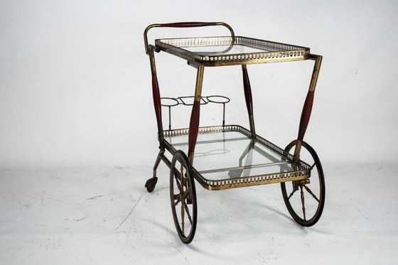 Image 1 of Mid-Century Italian Brass and Glass Bar Cart by Cesare Lacca. Italy 1950s