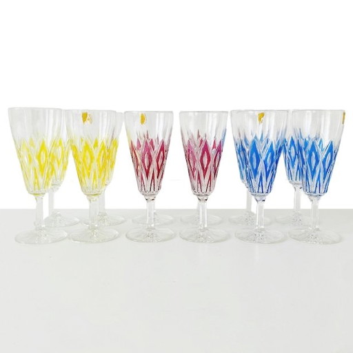 Set of vintage VMC France Reims champagne glasses Harlequin 1960's
