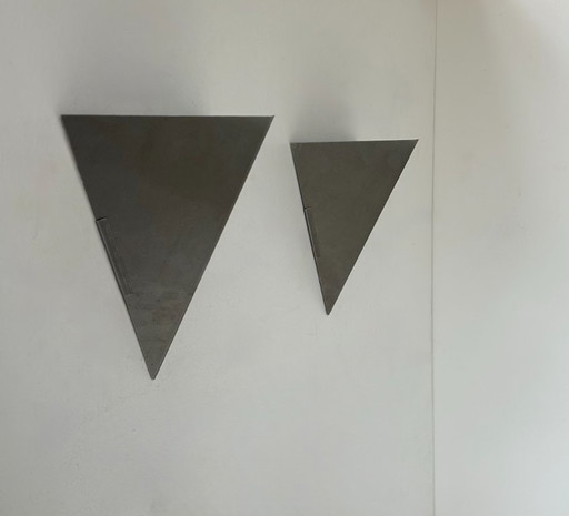 Pair of vintage geometric wall lights, matte folded steel, France, 1980