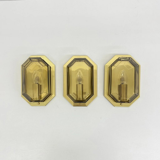 Set van 3 Limburg Glashütte wandlampen van rookglas en messing, jaren 70