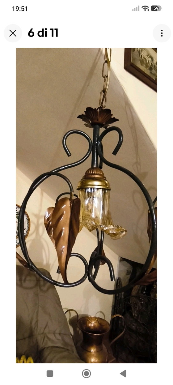 Vintage Wrought Iron Chandelier with Metal and Glass Leaves, Rustic Suspension – Pendant lamps (photo 6 of 11)