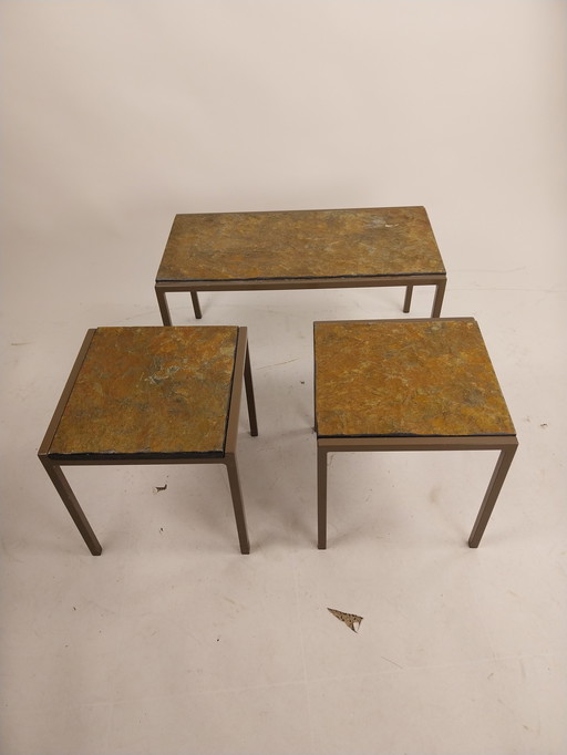 1 x juego de 3 mesas auxiliares de pizarra, estilo brutalista, años 70