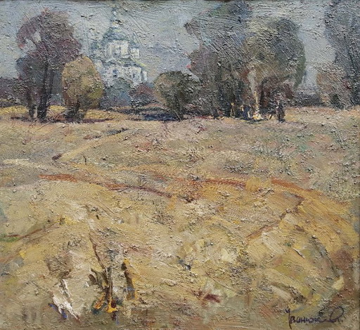 Origineel Olieverfschilderij Landelijk Landschap Veld Kerk Tempel Sorochyn Avonden