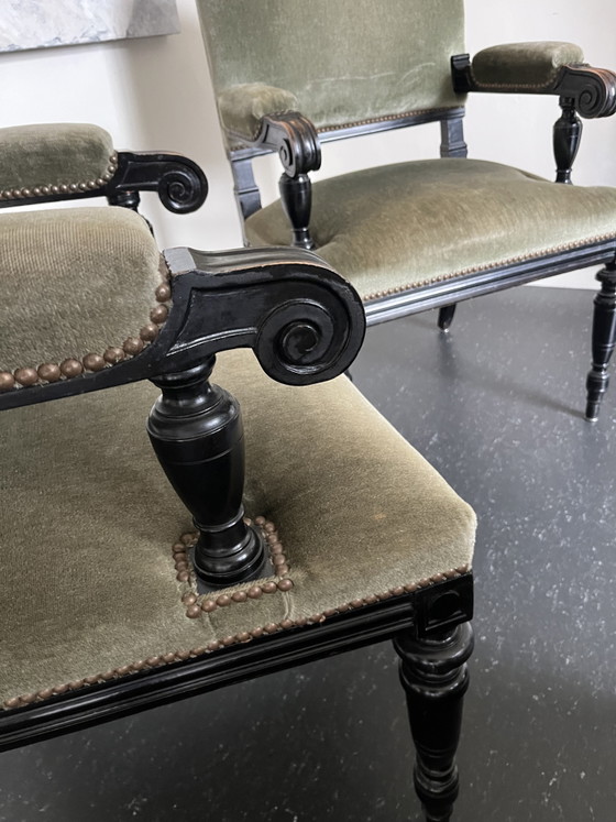 French Armchairs, Black Lacquered Wood, Olive Green Velvet (photo 9 of 15)