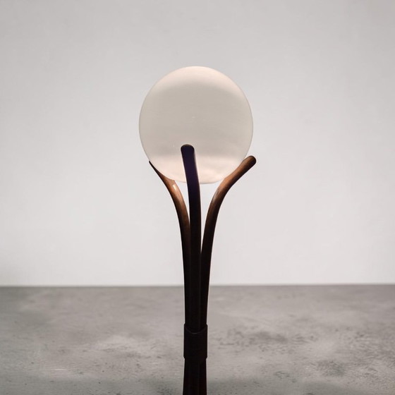 Mid-Century Bamboo Floor Light with Opal Glass Sphere, circa 1970s, Rattan, Brown, Vintage (photo 3 of 10)