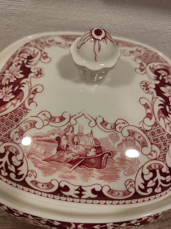 Image 1 of Antieke soepterrine, Old England, Cambridge Royal Swan / Engeland – Rood en wit – Vintage servies