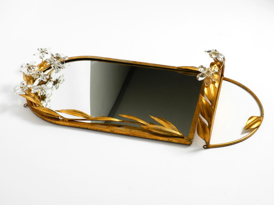 Image 1 of Beautiful Set Of A Floral Iron Wall Mirror And Matching Shelf Gold Plated By Banci Firenze Italy