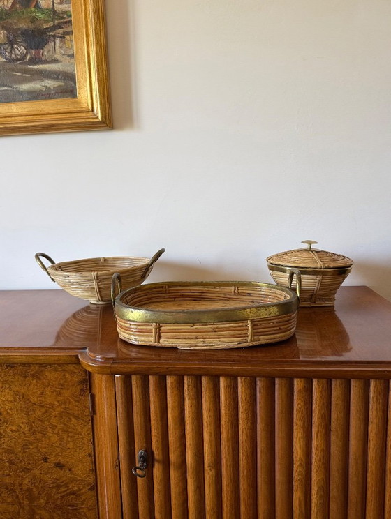 Mid-century set of 3 brass and wicker bowls, Italy ca. 1970, Decorative Objects, Rattan, Brown, Vintage (photo 2 of 10)
