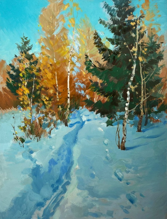 Image 1 of Original Oil Painting Snow Forest Landscape Winter path in the forest