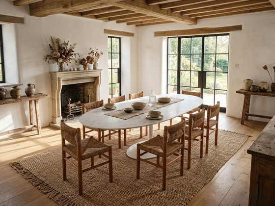 Image 1 of Juego de 8 sillas estilo Charlotte Perriand de los años 60, de paja tejida y madera.