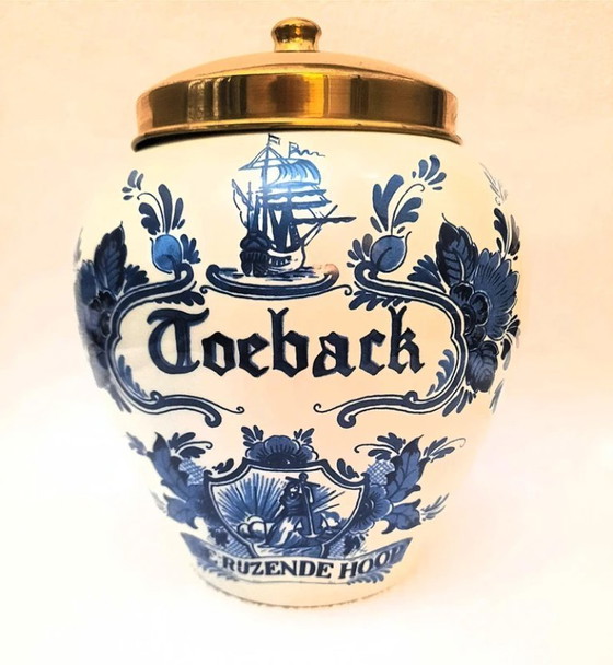 Image 1 of (W008) Delft Blue tobacco jar Royal Goedewaagen – Van Nelle “Rising Hope”
