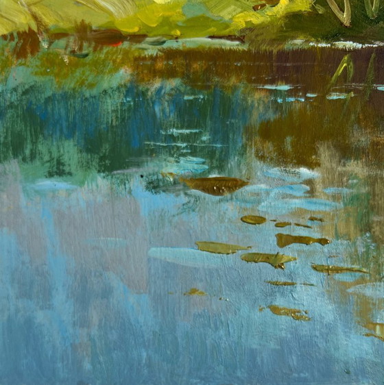 Image 1 of Original Oil Painting Summer River Landscape A quiet ferryman in the village