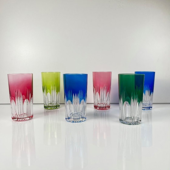 Image 1 of Set of 6 long drink glasses in colored double-layered crystal, 1970s, Eastern Europe