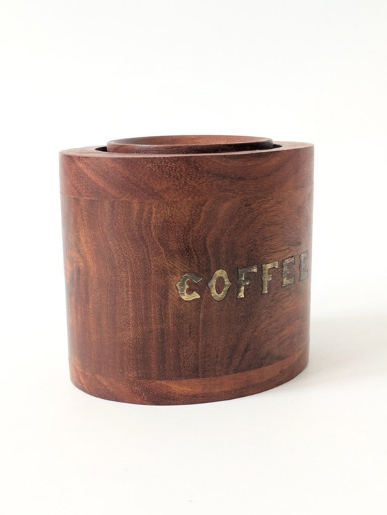 Image 1 of Midcentury Teak Coffee Canister with Brass Inlay Letters, Danish Modern Wooden Storage Jar