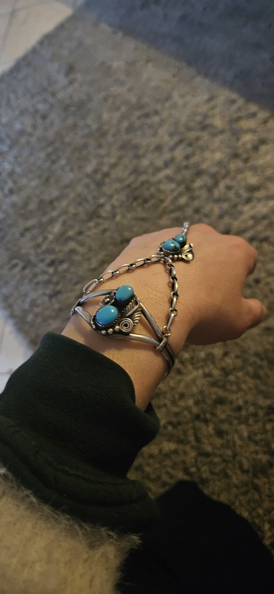Image 1 of Bracciale da schiavo Navajo, argento 925 con turchese, gioiello vintage