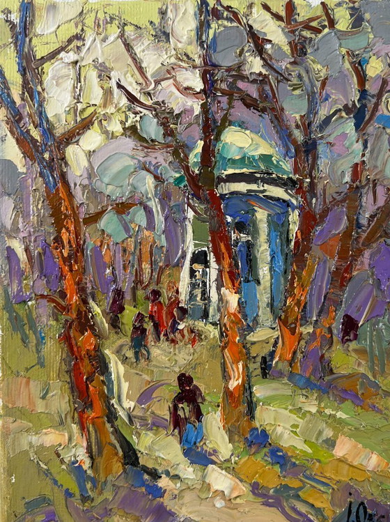 Image 1 of Peinture à l'huile originale, paysage d'arbres d'été, promenade dans le parc