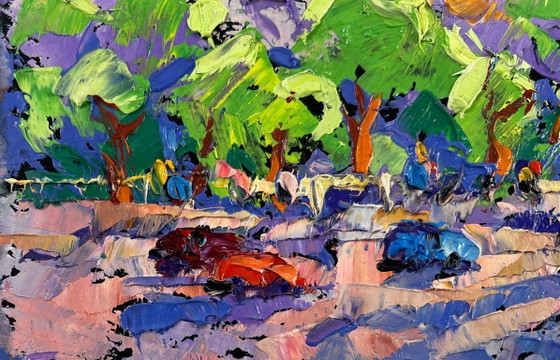 Image 1 of Original Oil Painting Summer Houses Landscape Big city lights