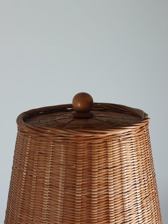 Image 1 of Vintage Temde wood brass 1950s table lamp basket shade