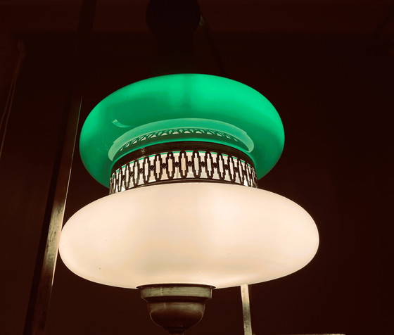 Image 1 of Portuguese Mid Century Modern Green Opaline Milk Glass Chandelier for High Ceilings, 1940s-50s