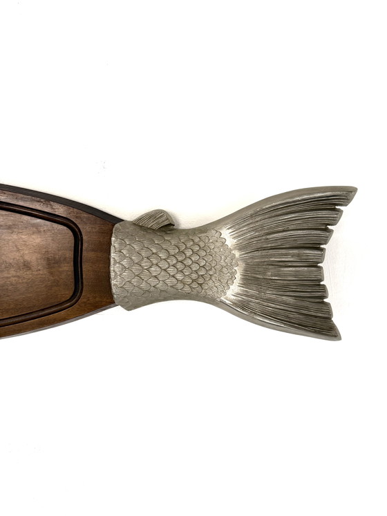 Image 1 of Planche à découper vintage en teck et argent, motif saumon et truite, années 60