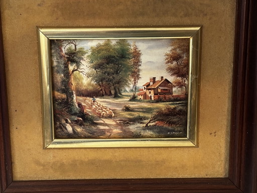 Enamel on Metal Signed ESTHER – Pastoral Landscape – Vintage Framed – schilderijen tekeningen, Wood (photo 2 of 13)