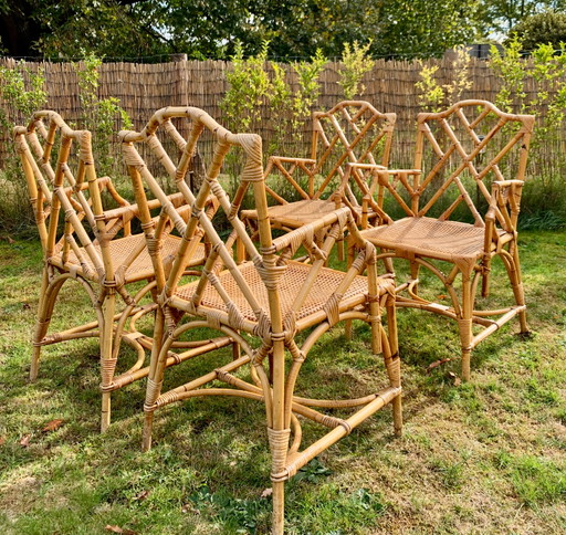 4x Chaises en rotin vintage avec bambou et canne de fosse, set