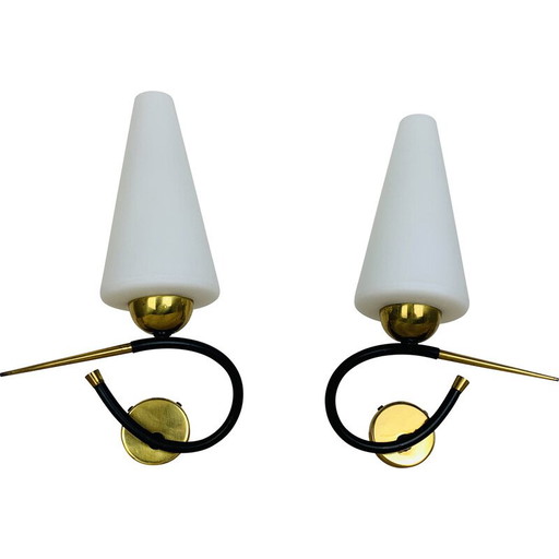 Pair of vintage Arlus wall lamps in black opaline and gold brass, 1950