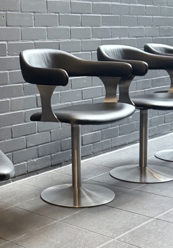 Image 1 of Set of 4 Vintage Space Age Swivel Chairs in Black and Brushed Stainless Steel
