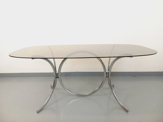 Image 1 of Table à manger rectangulaire arrondie vintage en verre fumé et métal chromé style Space Age des années 70