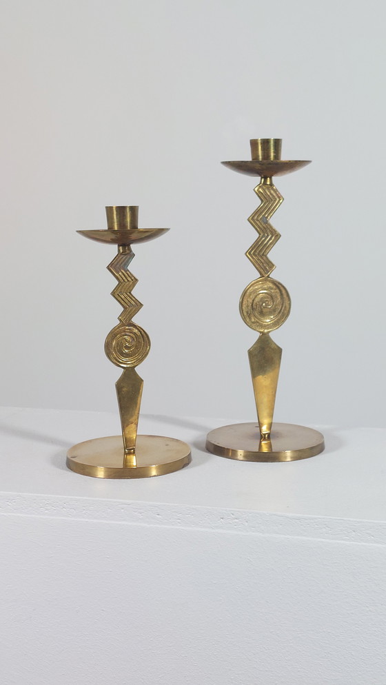 Image 1 of Pair of patinated vintage brass candlesticks, Memphis style, 1980s