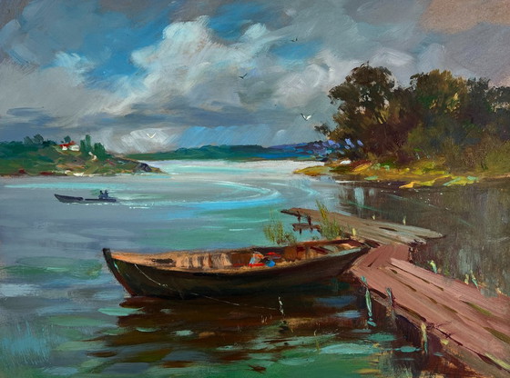 Image 1 of Original Oil Painting Summer Coastal Landscape On a long river journey