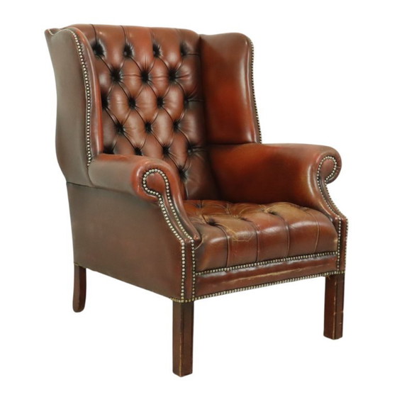 Image 1 of Oude Chesterfield Zetel Bruin Leder
