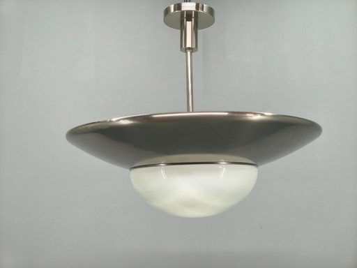 Bauhaus Pendant Light in Nickel and Glass, 1930s Czechoslovakia
