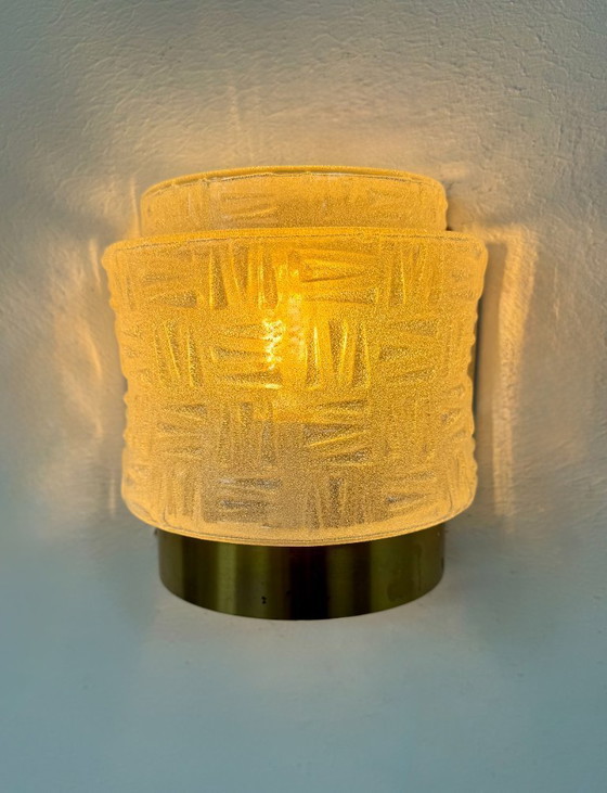 Image 1 of Pair of vintage wall lights, brass and thermoformed glass, Sweden, 1970