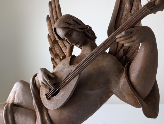 Image 1 of Sculpture d'ange en fer forgé de style néo-Renaissance espagnole, jouant du luth, vers 1900
