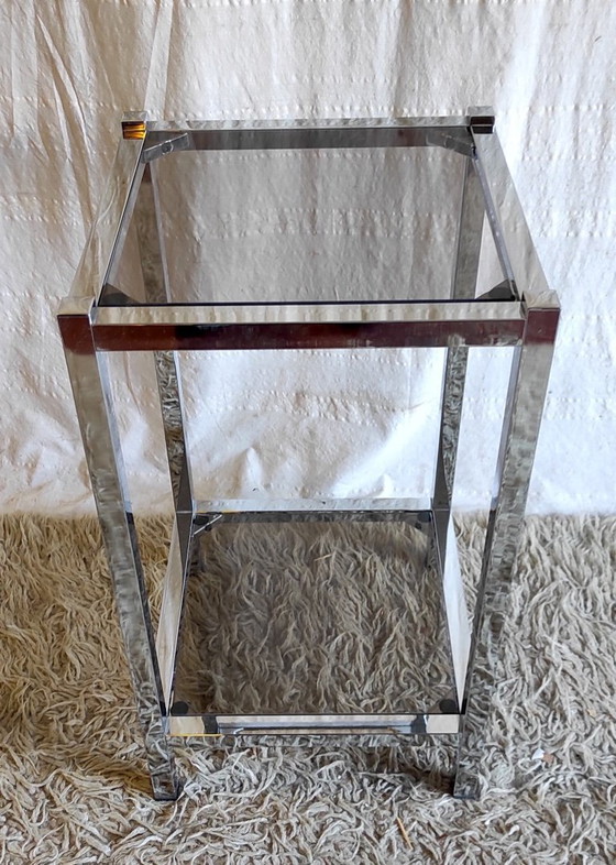Image 1 of Table D'appoint En Métal Chromé Et Verre Fumé - Années 70/80