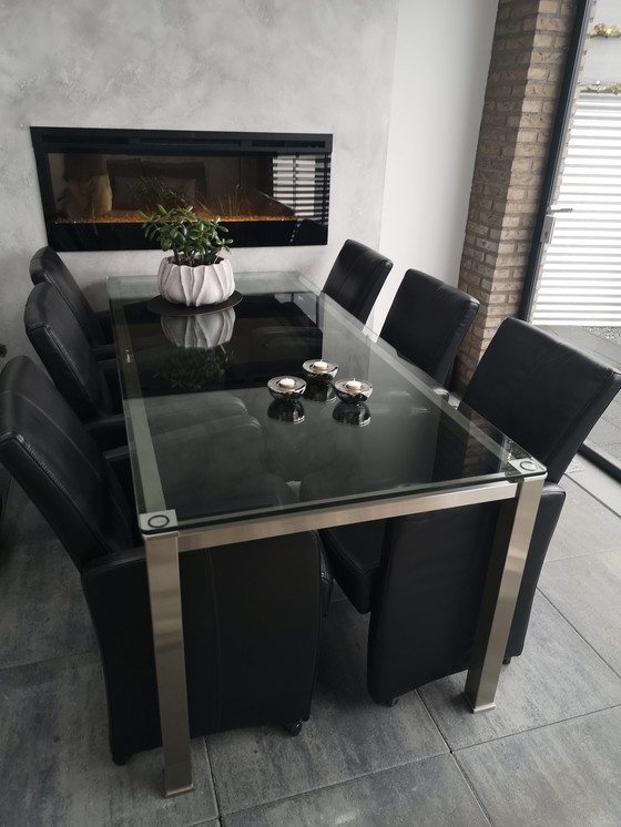 Image 1 of Ensemble de salle à manger moderne composé de 6 chaises et d'une table en verre