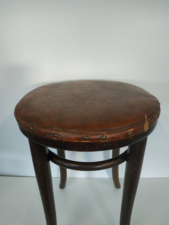 Image 1 of Vintage Antieke Thonet Kruk Stool (Webbing/Leer)