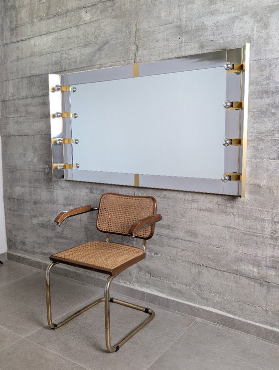 Gaetano Sciolari Mid-Century Modern Illuminated Vanity Wall Mirror in Chrome and Brass, Italy, 1970s – Glass (photo 2 of 18)