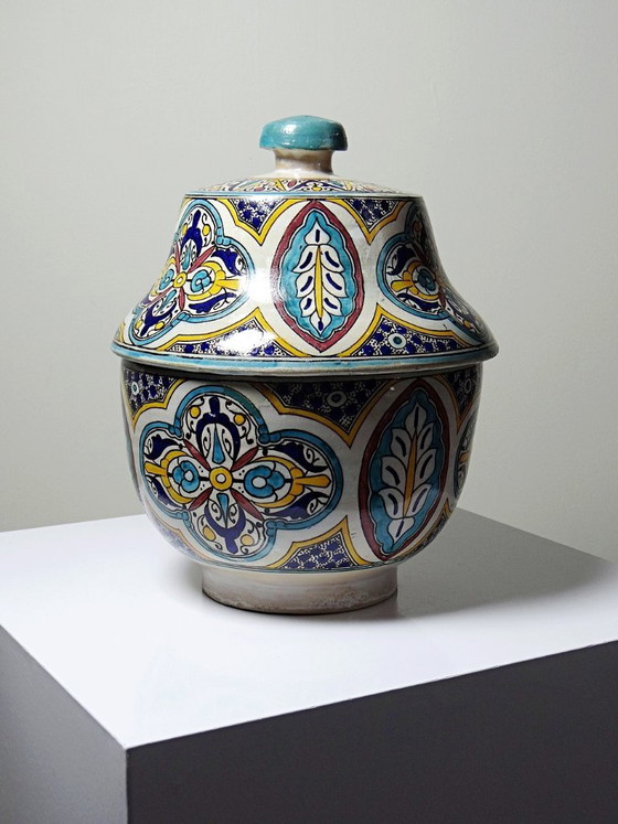 Grote oude Fes Jobbana van polychroom faience, Marokko 20e eeuw – Vintage, Decoratieve objecten, Ceramic (photo 5 of 15)
