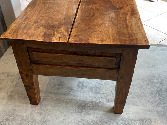 Image 1 of Rustic farmhouse coffee table in solid wood with 2 drawers, circa 1930