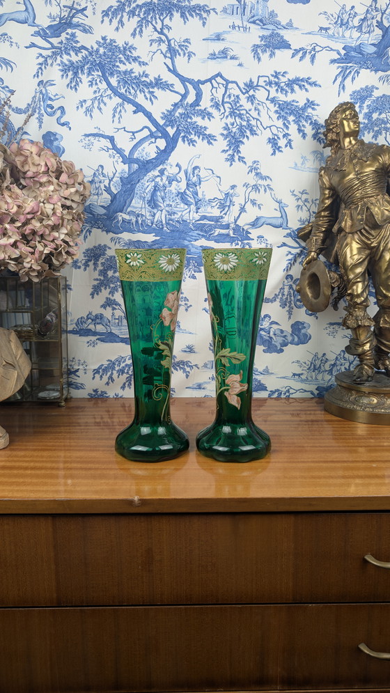 Image 1 of Coppia di vasi in vetro smaltato verde con fiori Art Nouveau di Legras-Montjoye
