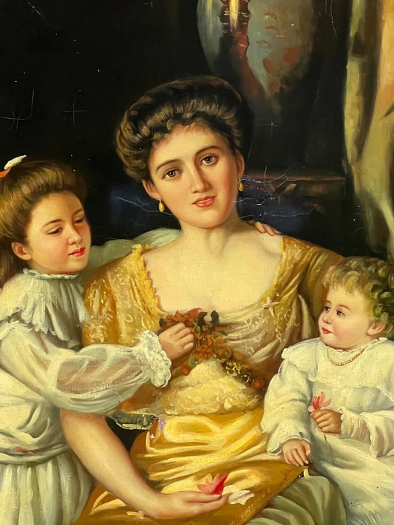 "Familiescène". Olieverf op doek. – Schilderijen & Tekeningen, Canvas (photo 4 of 7)