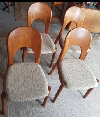 Image 1 of Mid-Century Teakholz Esszimmerstühle mit Original Wollstoff von Nils Koefod für Koefoeds Hornslet, 1960S, Satz von 4